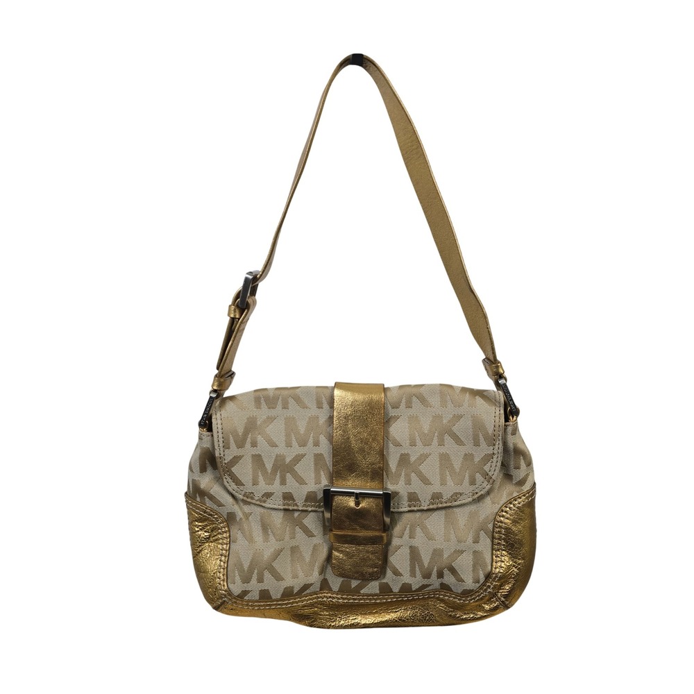 Michael Kors Gold Monogram Canvas Shoulder Bag Metallic Leather Trim Y2K